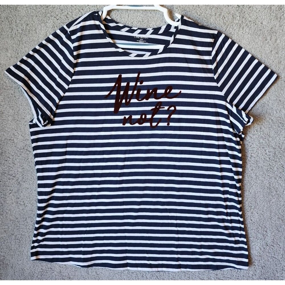 Lane Bryant Womens Short Sleeve T Shirt 'Wine Not' Blue/White Striped Size 22/24